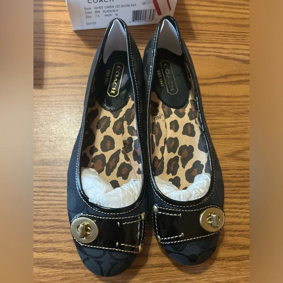 Coach Black & Gold Monogram Logo Laren Ballet Leopard Flats Size 7.5 With Box - Picture 1 of 8